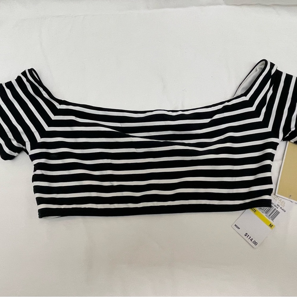 NWT Michael Kors cropped swim top. SZ Med Black and White Striped Off-Shoulder